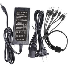 12V 5A Power Adapter Charger LED Strip AC 100V-240V, DC 12 Volt 5 Amp 60 Watt Converter Driver Universal Lighting Transformer for 12 V 5 A with 2.1X5.5mm Plug 1 Female to 8 Male Power Split Cable