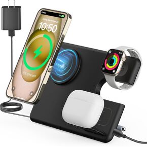 Wireless Charger for Mag-Safe Charging Station: JoyGeek 3 in 1 Magnetic Travel Stand Charge for iPhone 15 14 13 12 Pro Max Plus - Apple Watch 9 8 7 6 5 4 3 2 SE - AirPods Pro 2/3