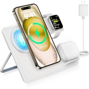 شاحن لاسلكي لمحطة الشحن Mag-Safe: JoyGeek 3 في 1 حامل سفر مغناطيسي لشحن iPhone 15 14 13 12 Pro Max Plus - Apple Watch 9 8 7 6 5 4 3 2 SE - AirPods Pro 2/3