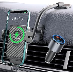MOKPR Wireless Car Charger, Adjustable Gooseneck Car Mount Auto-Clamping Car Charger, Dashboard [with Anti Shake stabilizer] Phone Holder fit for iPhone 16 15 14 13 12, Samsung, with QC 3.0 Adapter