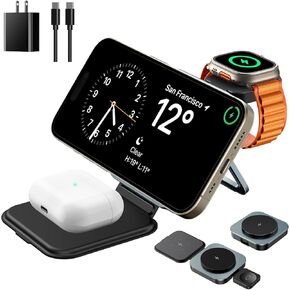 3 in 1 Foldable Magnetic Wireless Charger with Aluminum Alloy Stand, Mag Safe Charging Station Stand with PD 20W USB-C Adapter, for iPhone 16 15 14 13 12 Series, Apple Watch and AirPods, Black