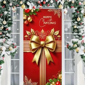 Christmas Door Cover Golden Christmas Bow Hanging Banner Backdrop Gift Box Photography Background Holiday Door Hanging Cover Door Cover Banner Winter Holiday New Year Party Decor 71X35 Inch