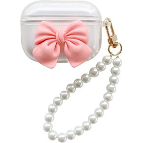 SGVAHY Clear Case Compatible with AirPods Pro，Beautiful Cute Colorful Bow Design with Luxury Pearl Wristband Ultra-Thin PC Shockproof Protective Case (Pink, AirPods Pro)