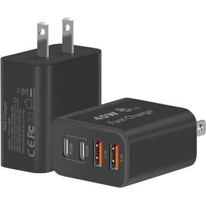 USB C Block 40W, 4 Ports Wall Plug Fast Charging Block, PD+QC Multiport Power Adapter USB C Charger Type C for iPhone 16,15,14,13,12,11, Pro Max, X, Xr, Xs, 8, 7, Watch, Galaxy Phones-2Pack