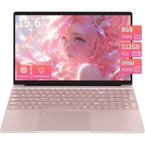 15.6'' Laptop Computer,1080P FHD Display,8GB RAM,512GB SSD, Intel N5095 CPU Business Laptop,Numeric Keypad,Backlit Keyboard,Fingerprint Unlock,SD Card Reader,Webcam, 5GWiFi, HDMI,Pink