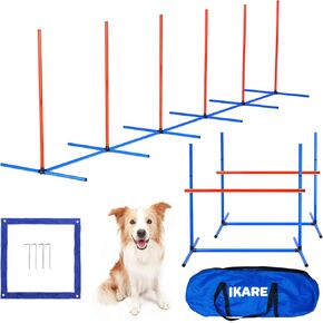 IKARE Dog Agility Training Equipment Pet Obstacle Course Training Starter Kit for Outdoor/Indoor with 70" Tunnel, Adjustable Hurdle, Jumping Ring, Weave Pole, Treat Pouch, Dog Bowl, Pause Box