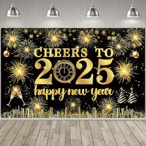 Famoby Gold Cheers to 2025 Happy New Year Hanging Fabric Sign Poster Banner Backdrop with Pattern Firework Champagne Background Photo Booth Backdrop for New Year Party Decorations