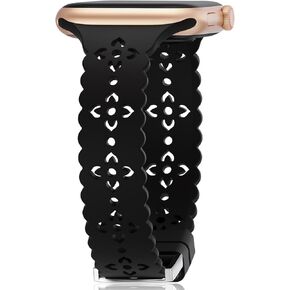 Lace Floral Silicone Band Compatible with Apple Watch Bands 40mm 38mm 41mm 42mm 44mm 45mm 46mm 49mm for Women,Slim Thin Hollow-Out Sport Strap Wristbands for iWatch SE Series 10 9 8 7 6 5 4 3 2 Ultra
