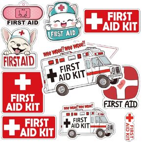 First Aid Sticker Decal Set | Self-Adhesive Vinyl Decals | Emergency Box Package | 9 Designs, 16 Pieces