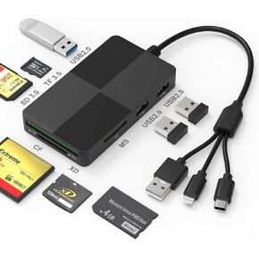 8 in 1 Memory Stick Pro Duo Adapter - USB OTG Adapter & SD/TF/MS/CF/XD Picture Card Reader for iPhone/Pad/USB C/PC Device, Lightning+USB A+USB C to SD Micro SD CF XD MS Card Reader & 3 USB 2.0 Ports