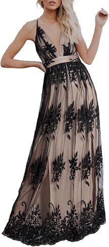 Dokotoo Womens 2023 Formal Dresses Plunging V-Neck Embroidered Floral Lace Mesh Velvet Maxi Dress in Kuwait