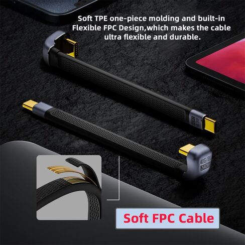 NFHK Low Profile Angled 240W Type-C USB-C Male to Male USB4 40Gbps 100W 8K Flat Slim FPC Data Cable for Laptop Phone 13cm in Kuwait