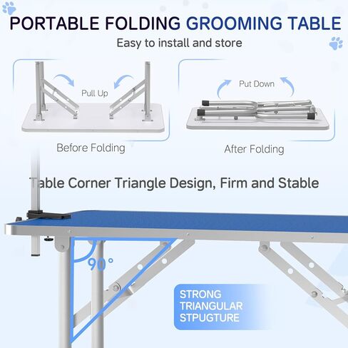 طاولة العناية بالكلاب/الحيوانات الأليفة من يونوفيفي قابلة للطي بارتفاع قابل للتعديل - طاولة العناية بالكلاب المحمولة مقاس 91.44 سم مع فتحة ذراع وصينية شبكية، سعة قصوى تصل إلى 300 رطل (أسود داكن) in Kuwait