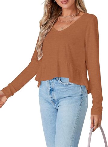 Vrtige Women's Casual V Neck Long Sleeve Peplum Ruffle Hem Babydoll Blouse Shirt Crop Top in Kuwait