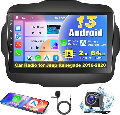 راديو سيارة 5GWiFi 8 Core 2+64G لسيارة Jeep Renegade 2015-2020 مع Apple Carplay Android Auto، 9 بوصة IPS 1280*800 شاشة لمس ستيريو مع بلوتوث/GPS/SWC/FM&RDS/48EQ/DSP+AHD كاميرا احتياطية + ميكروفون in Saudi Arabia