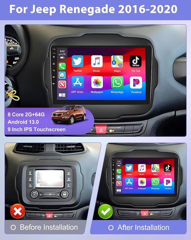راديو سيارة 5GWiFi 8 Core 2+64G لسيارة Jeep Renegade 2015-2020 مع Apple Carplay Android Auto، 9 بوصة IPS 1280*800 شاشة لمس ستيريو مع بلوتوث/GPS/SWC/FM&RDS/48EQ/DSP+AHD كاميرا احتياطية + ميكروفون in Saudi Arabia