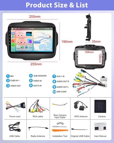 راديو سيارة 5GWiFi 8 Core 2+64G لسيارة Jeep Renegade 2015-2020 مع Apple Carplay Android Auto، 9 بوصة IPS 1280*800 شاشة لمس ستيريو مع بلوتوث/GPS/SWC/FM&RDS/48EQ/DSP+AHD كاميرا احتياطية + ميكروفون in Saudi Arabia