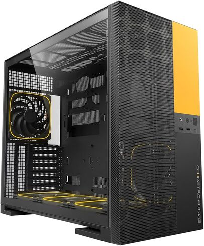 M5 Vent, Mesh Panel Tempered Glass Mid Tower, E-ATX/ATX Gaming Case, High Airflow, Type C, Support 420/360 Rad, ARGB PWM 140mm Fan x 5 Pre-Installed, Black/Yellow, GEO-M5VF-BY in Saudi Arabia