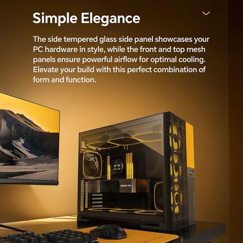 M5 Vent, Mesh Panel Tempered Glass Mid Tower, E-ATX/ATX Gaming Case, High Airflow, Type C, Support 420/360 Rad, ARGB PWM 140mm Fan x 5 Pre-Installed, Black/Yellow, GEO-M5VF-BY in Saudi Arabia