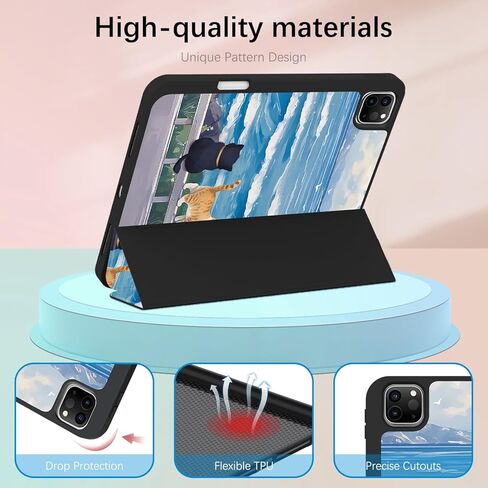 حافظة لجهاز iPad Pro 12.9 الجيل السادس / الخامس / الرابع مع حامل أقلام، غطاء ثلاثي الطي، نوم / استيقاظ تلقائي، حافظة بتصميم لطيف للفتيات المراهقات لجهاز iPad Pro 12.9 بوصة 2022/2021/2020، قطط in Kuwait