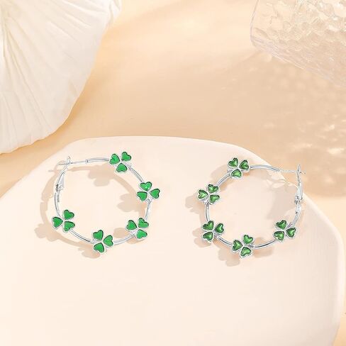 Pingyongchang St.Patrick's Day Green Shamrock هوب أقراط الأيرلندية البرسيم دائرة أقراط محظوظ ليف أقراط للنساء فتاة الأيرلندية عطلة مجوهرات هدايا in Saudi Arabia