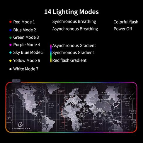 لوحة ماوس الألعاب JYZZ RGB - لوحة لوحة مفاتيح LED كبيرة، حصيرة ماوس مع خريطة عالية الدقة، سطح مقاوم للماء بسلاسة، قاعدة مطاطية غير قابلة للانزلاق، 31.5 بوصة × 11.8 بوصة و14 وضع إضاءة in Saudi Arabia