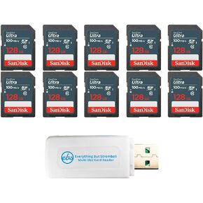 SanDisk 10 Pack Ultra 128GB Memory Card SDXC UHS-I Compatible with Trail Cameras, Digital Cameras (SDSDUNR-128G-GN3IN) Bundle with 1 Everything But Stromboli SD & MicroSD Memory Card Reader