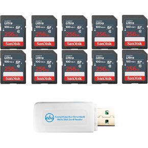 SanDisk (10 Pack) Ultra 256GB Memory Card 100MB/s Class 10 UHS-I SDXC (SDSDUNR-256G-GN3IN) Bundle with 1 Everything But Stromboli Multi-Slot Memory Card Reader