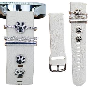 Women Watch Bands for Samsung Galaxy Watch 4 & 5 Bands with Charms, 20mm Boho Floral Engraved Silicone Strap with bling Decorative Rings Loops Jewelry for Watch 5 Pro/Watch 4 Classic 40mm 44mm 46mm 42mm/Watch 3 41mm/Active 2