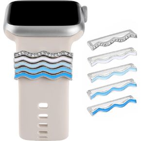 Watch Band Charms Decorative Rings Loops Compatible with Apple Watch Bands 38mm 40mm 41mm 42mm 44mm 45mm 49mm, Wave Metal Sparkles Accessories for iWatch Series SE 9 8 7 6 5 4 3 2 1 Ultra (No Band)