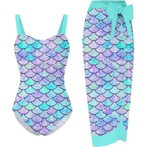uideazone Girls One Piece Swimsuit with Cover Up Wrap Skirt Set Cool Printed Two Piece Bathing Suit 6-12T