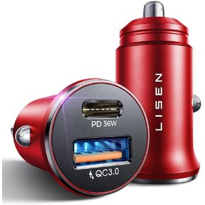 LISEN 2-Pack USB C شاحن سيارة شحن سريع، 48W جميع ولاعة السجائر المعدنية USB شاحن آيفون 15 أصغر شاحن سيارة دافق USB C آيفون 14 برو ماكس 13 12 جالاكسي S23/22 آيباد برو-أحمر