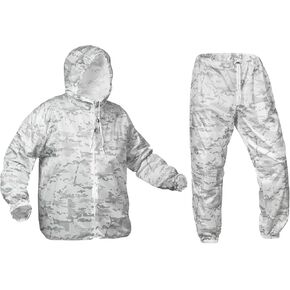 Snow white Multicam Alpine winter camo suit. Hunting camouflage suit. Winter masking set.