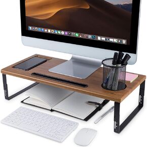 Kavalan Monitor Stand Riser Organizer, Height Adjustable Metal and Wood Desk Organizer with Phone Tablet Holder, Supports Heaviest Monitor, Printer, Laptop, Computer Screen, Wood Color
