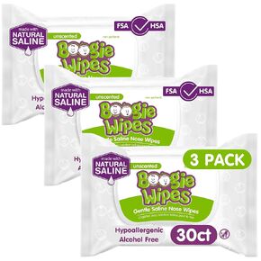 Eleeo Brands Hand, Face and Nose Wet Boogie Wipes for Kids & Baby, Alcohol Free, Wipes Away Dirt & Germs, Soft Natural Saline Tissue with Aloe, Chamomile and Vitamin E, Unscented, 30 Count (Pack of 3)