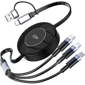 3-in-1 Retractable Multi Charging Cable, 100W Retractable Charger Cord, USB-C/A to Lightning/USB-C/Micro USB Phone Charger Cord for iPhone 15, iPhone 16, Samsung, MacBook, iPad