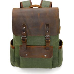 Modoker Waxed Canvas Backpack, Leather Rucksack Knapsack for Men Woman Vintage Travel Laptop Backpack 15.6 Inch Satchel Backpack, Retro Flap Backpacks Canvas Casual Bookbag Brown