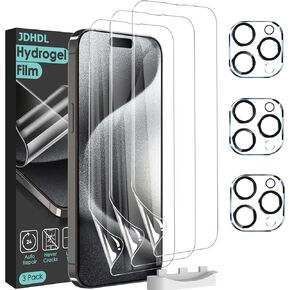 [3+3 Pack Hydrogel Film Screen Protector for iPhone 15 Pro Max(NOT Glass) with Tempered Glass Camera Lens Protector, Soft TPU Transparent Protective Screen Protector Film