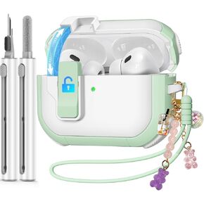 Case for AirPods Pro 2nd/1st Generation Case with Cleaner Kit, Ekoonpft Secure Lock Case for Apple Airpod Pro 2&1 Gen Case Cover with Silicone Wrist Strap Cute Candy Keychain for Women, Mint Green