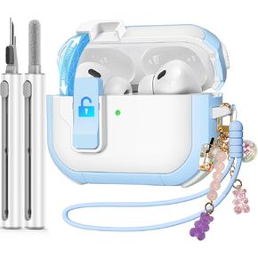Case for AirPods Pro 2nd/1st Generation Case with Cleaner Kit, Ekoonpft Secure Lock Case for Apple Airpod Pro 2&1 Gen Case Cover with Silicone Wrist Strap Cute Candy Keychain for Women,Sky Blue