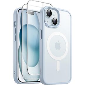 JETech 3 in 1 Magnetic Case for iPhone 15 6.1-Inch with 2 Pack Tempered Glass Screen Protectors, Compatible with MagSafe, Translucent Matte Back Shockproof Phone Cover (Black)