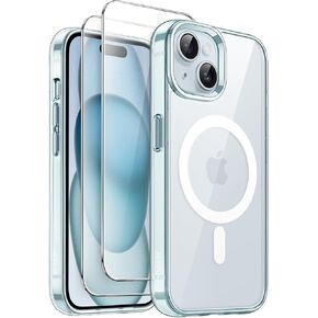 JETech 3 in 1 Magnetic Case for iPhone 15 6.1-Inch with 2 Pack Tempered Glass Screen Protectors, Compatible with MagSafe, Shockproof Bumper Phone Cover (Clear)