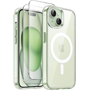 JETech 3 in 1 Magnetic Case for iPhone 15 6.1-Inch with 2 Pack Tempered Glass Screen Protectors, Compatible with MagSafe, Shockproof Bumper Phone Cover (Clear)