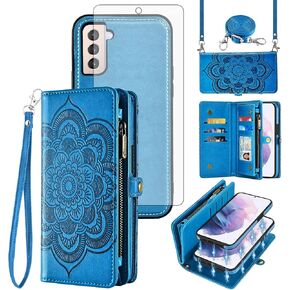 Asuwish Phone Case for Samsung Galaxy S21 Plus S21+ 5G Zipper Wallet Cell Cover with Tempered Glass Screen Protector Strap Flower Card Holder Slot S21+5G S21plus 21S + S 21 21+ G5 Women Girls Purple