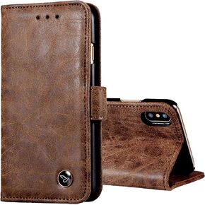 IPhone Case X/XS Dark Brown Genuine Real Leather Wallet Phone Case with Viewing Stand & 2 Card Holders || Flip Folio Cover with Card Slot||Slim, Protective and Cute Cell Phone Cover for Men & Women