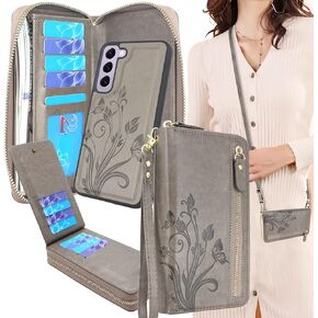 Lacass for Samsung Galaxy S23 5G 6.1 inch 2023 Crossbody Dual Zipper Detachable Magnetic Leather Wallet Case Cover Wristlets Wrist Strap 13 Card Slots Money Pocket(Floral Dark Purple)