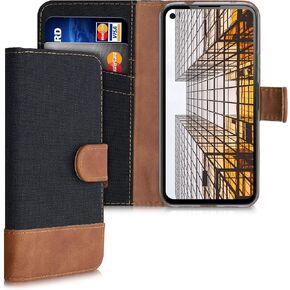 kwmobile Wallet Case Compatible with Google Pixel 4a - Case Fabric and Faux Leather Phone Flip Cover - Light Grey/Brown