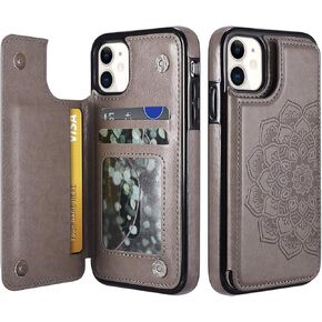 UEEBAI Case for iPhone 12 Mini 5.4 inch, Luxury PU Leather Case [Two Magnetic Clasp] [Card Slots] Stand Function Butterfly Flower Pattern Durable Shockproof Soft TPU Back Wallet Cover - Mint Green