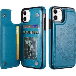 UEEBAI Case for iPhone 12 Mini 5.4 inch, Luxury PU Leather Case [Two Magnetic Clasp] [Card Slots] Stand Function Butterfly Flower Pattern Durable Shockproof Soft TPU Back Wallet Cover - Mint Green
