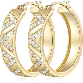 14K Gold Hoop Earrings for Women 14K Gold Earrings V-Shaped Cubic Zirconia Inlay Thick Gold Hoops Earrings Gold Earrings for Womens Earrings Hoop Presents for Women 25mm/30mm
